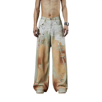 Cross-Border Heavy Industry Chain Print Jeans for Men and Women Summer American Style Straight-Leg Floor-Length Pants