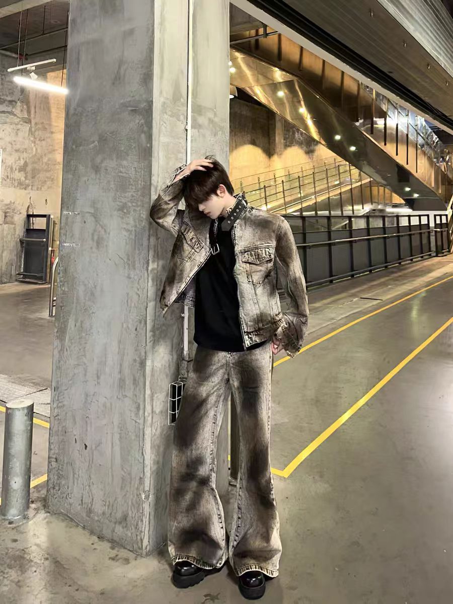 American High Street Retro Distressed Wasteland Style Washed Wrinkled Flared Jeans for Men European and American Wide-Leg Pants Trendy Long Pants