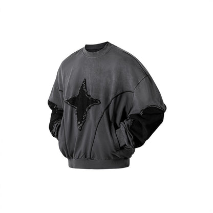 European and American Niche Style Patchwork Starburst Frayed Loose Round Neck Sweatshirt for Men and Women