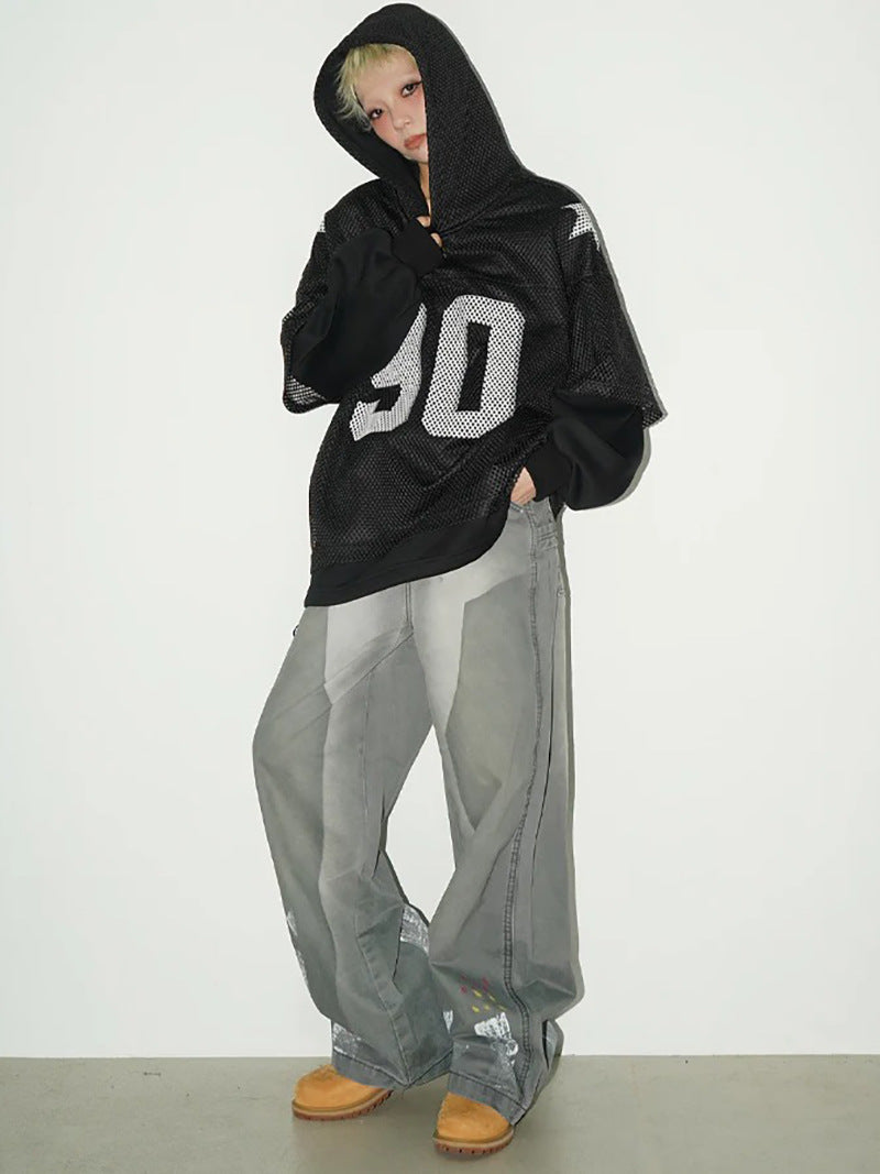 Trendy Loose Hooded Sweatshirt Jacket Mesh Digital Sports Casual Top Unisex Breathable