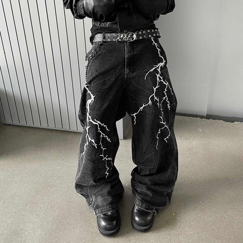 GUOWEAR2024American Style Washed Flared Jeans for Men with Lightning Embroidery Wide-Leg Trousers Trendy Retro Style