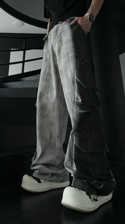 American Retro Wasteland Washed Vintage Multi-Pocket Cargo Pants Unisex Trendy Loose Straight Wide-Leg Casual Long Pants
