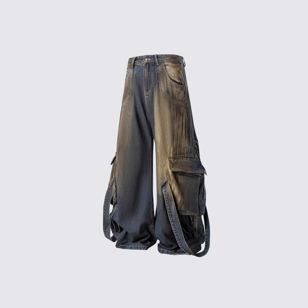 European and American Heavy Washed Multi-Pocket Jeans for Men Street Retro Loose Vintage Design Wide-Leg Floor-Length Pants