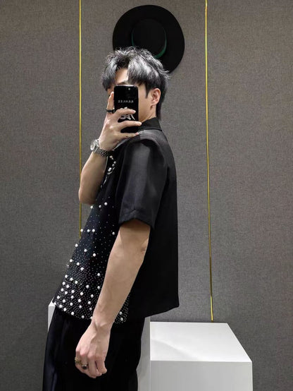 Heavy Industry Niche Rhinestone Metal Black Short Sleeve Jacket Summer New Style Cool Coat Wide Leg Pants Two-Piece Set