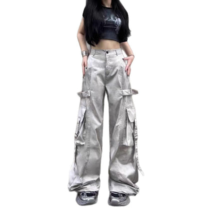 American Style Dirty Gray Wide-Leg Cargo Pants for Men and Women with Ribbon Jazz Hip-Hop High Street hiphop Straight-leg pants