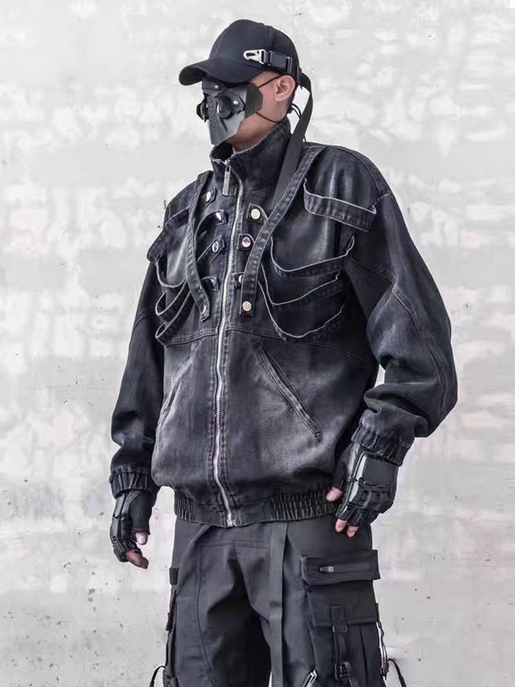 American Original Dark Style Retro Washed Padded Shoulder Distressed Denim Jacket for Men Spring and Autumn Workwear Stand Collar Jacket