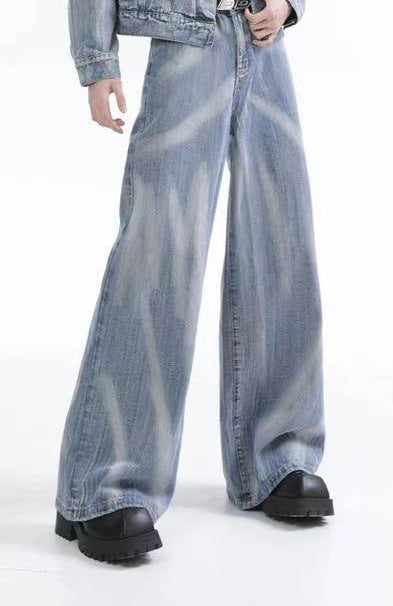 Spring and Autumn Med Vintage Scratched Denim Jacket for Men, Casual Loose Straight-Leg Pants