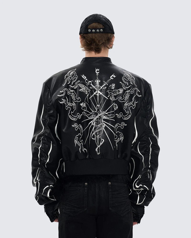 Gothic Style Embroidered Short Leather Jacket for Men and Women, Autumn Stand Collar Motorcycle Short Sleeve Jacket