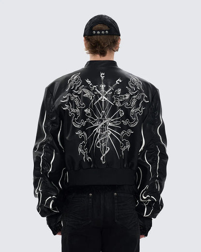 Gothic Style Embroidered Short Leather Jacket for Men and Women, Autumn Stand Collar Motorcycle Short Sleeve Jacket