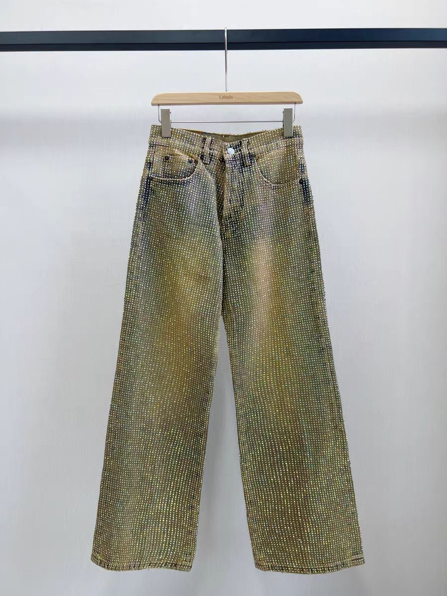 Summer New Crystal Shiny Diamond Straight-Leg Pants Extra Long Denim Floor-Length Pants Shiny Diamond Long Pants New High-Waisted Slimming Style