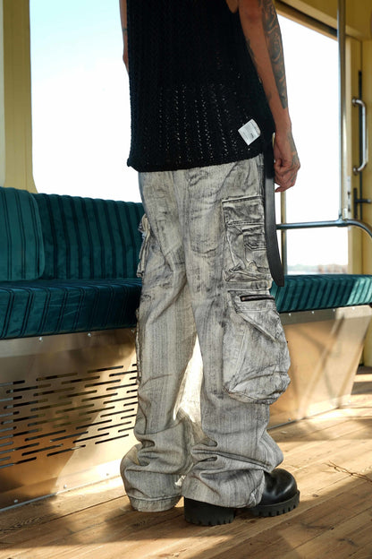 American Style Multi-Pocket Jeans for Men, Niche Retro Blue Wide-Leg Cargo Pants, Couple's European and American Trendy Pants, Cross-Border Trade