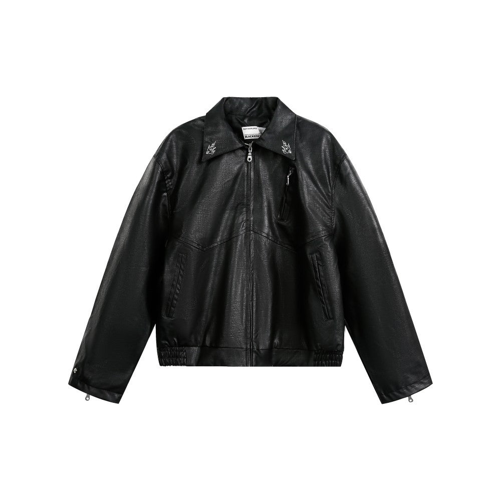 European and American Heavy Embroidery Lapel Loose Short Zipper Leather Jacket Coat