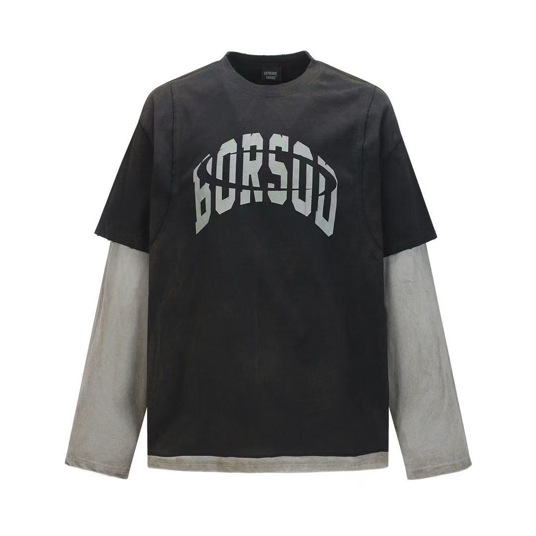 American Street Style Fake Two-Piece Letter Print T Men's and Women's Washed Vintage Two-Piece Set