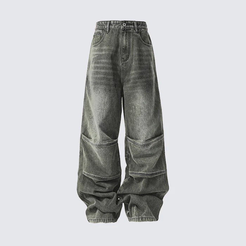 GUOWEAR American High Street Washed Vintage Patchwork Loose Casual Wide-Leg Jeans Unisex Fashion