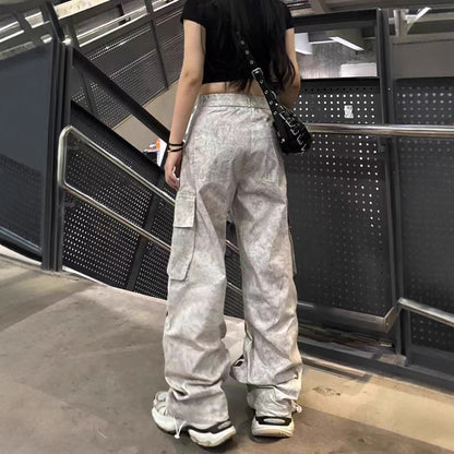 Cross-Border American Style Dirty Gray Street Dance Wide-Leg Cargo Pants Unisex Straight-Leg Casual Pants Ribbon Hip-Hop High Street Floor-Length Pants