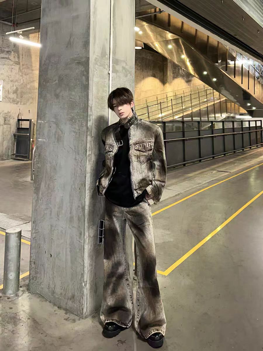 American High Street Retro Distressed Wasteland Style Washed Wrinkled Flared Jeans for Men European and American Wide-Leg Pants Trendy Long Pants