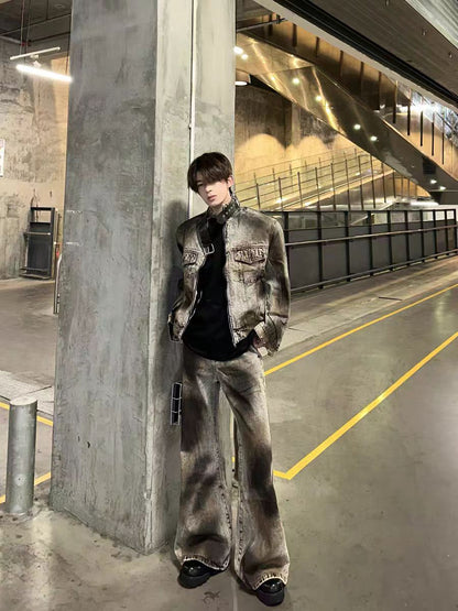 American High Street Retro Distressed Wasteland Style Washed Wrinkled Flared Jeans for Men European and American Wide-Leg Pants Trendy Long Pants