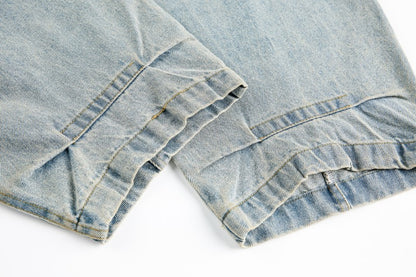 American Retro Dirty Dye Distressed Scimitar Jeans for Men, Mid-Waist Loose Fit Straight-Leg Floor-Length Wide-Leg Pants with Design Sense