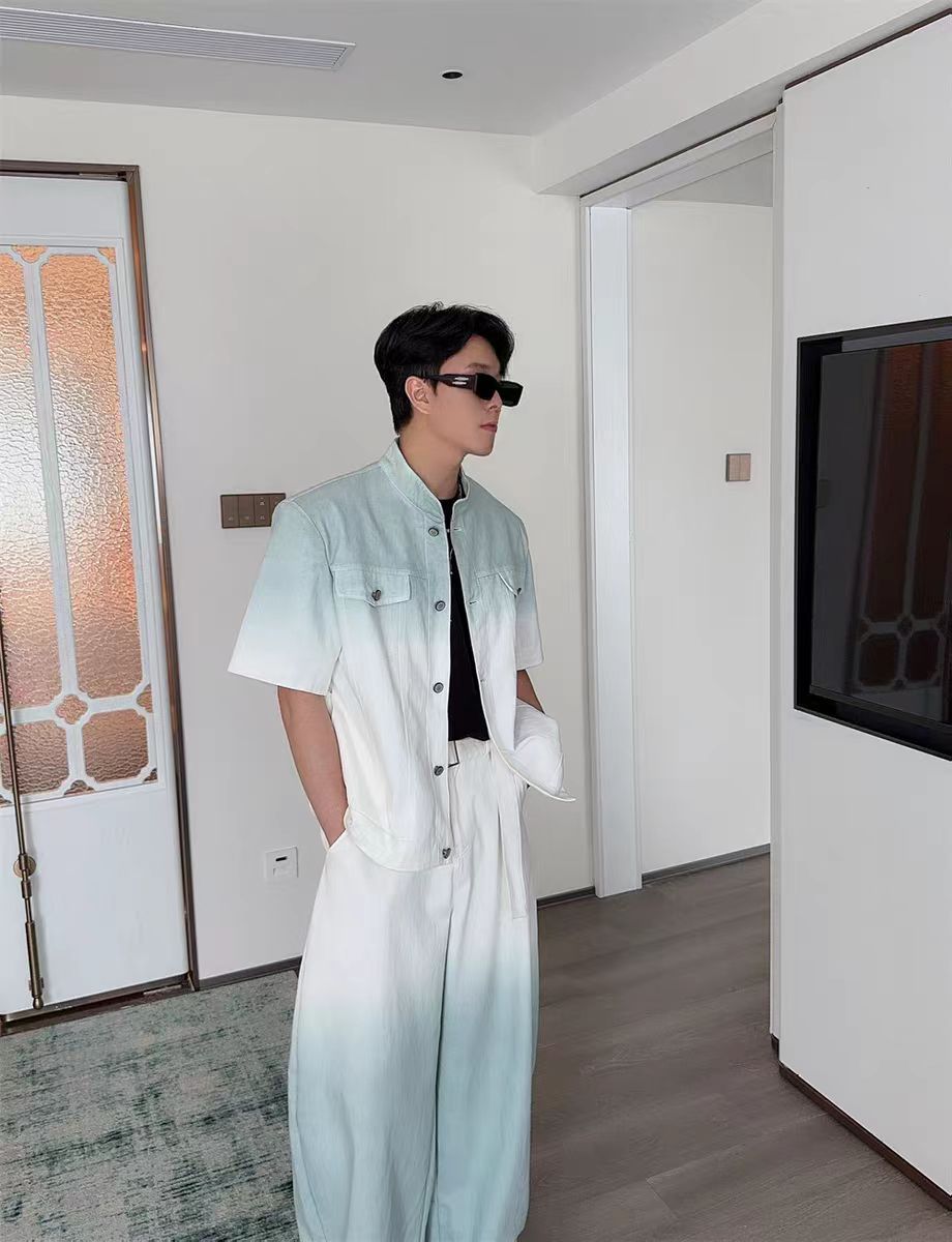 Gradient Short Sleeve Denim Suit for Men2025Summer Loose Casual Scimitar Wide-Leg Pants Jacket Set