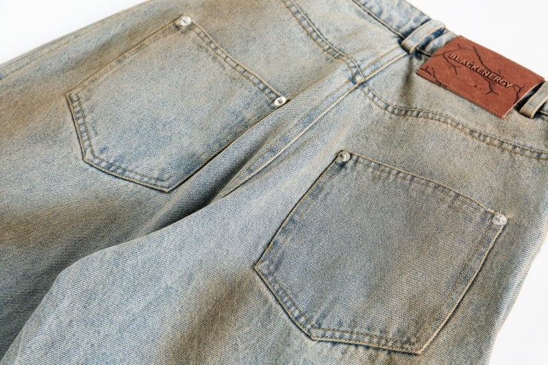 American Retro Dirty Dye Distressed Scimitar Jeans for Men, Mid-Waist Loose Fit Straight-Leg Floor-Length Wide-Leg Pants with Design Sense