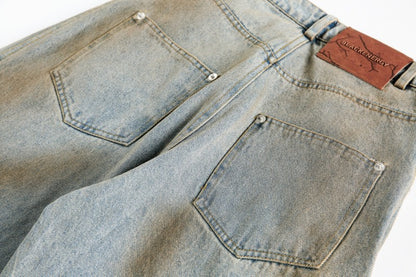 American Retro Dirty Dye Distressed Scimitar Jeans for Men, Mid-Waist Loose Fit Straight-Leg Floor-Length Wide-Leg Pants with Design Sense