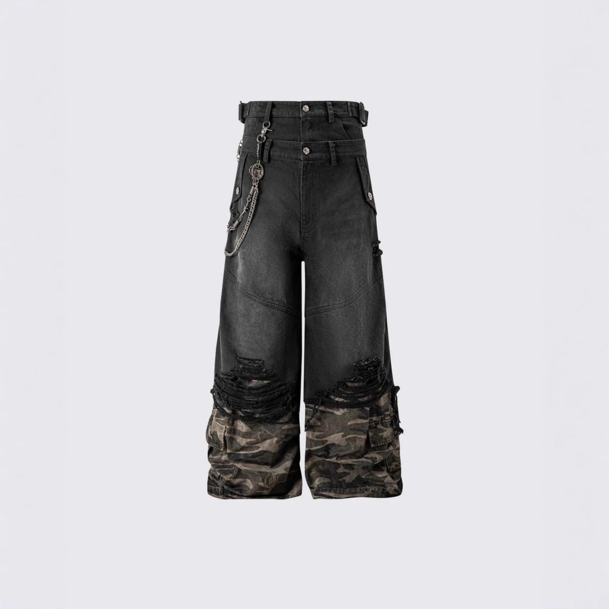 2025American High Street RO Heavyweight Washed Camouflage Embroidered Jeans Fake Two-Piece Wide-Leg Pants