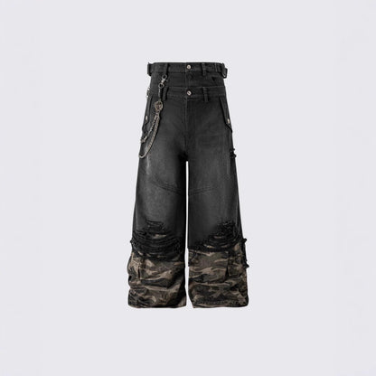 2025American High Street RO Heavyweight Washed Camouflage Embroidered Jeans Fake Two-Piece Wide-Leg Pants