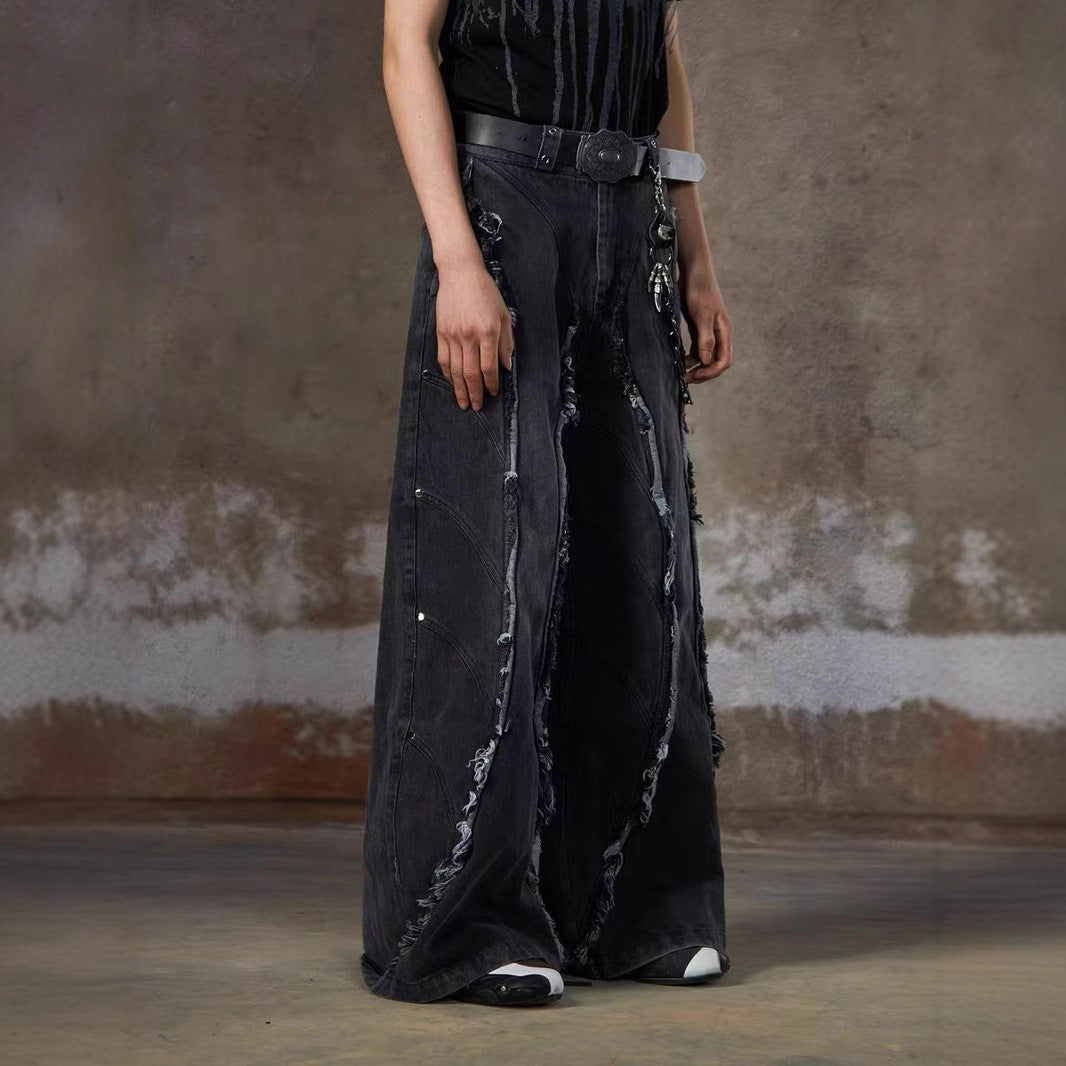 refuge  American Heavy Industry Niche Design Sense Silhouette Jeans High Street Washed Frayed Edge Tassel Rivet Loose Fit