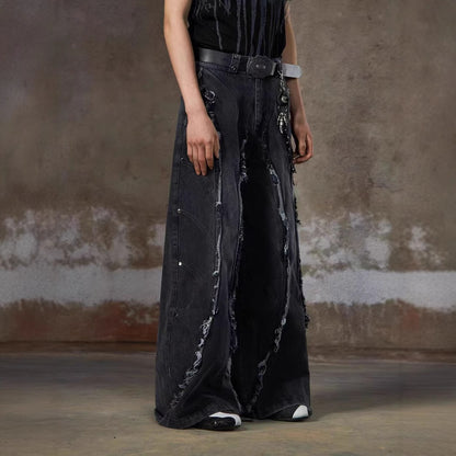 refuge  American Heavy Industry Niche Design Sense Silhouette Jeans High Street Washed Frayed Edge Tassel Rivet Loose Fit