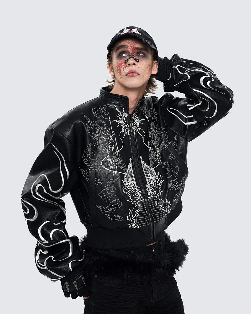 Gothic Style Embroidered Short Leather Jacket for Men and Women, Autumn Stand Collar Motorcycle Short Sleeve Jacket