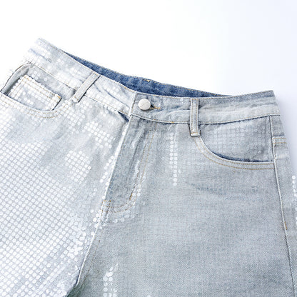 Original Early Autumn New American Retro Street Style High Waist Slimming Rhinestone Gradient Design Loose Wide Leg Jeans