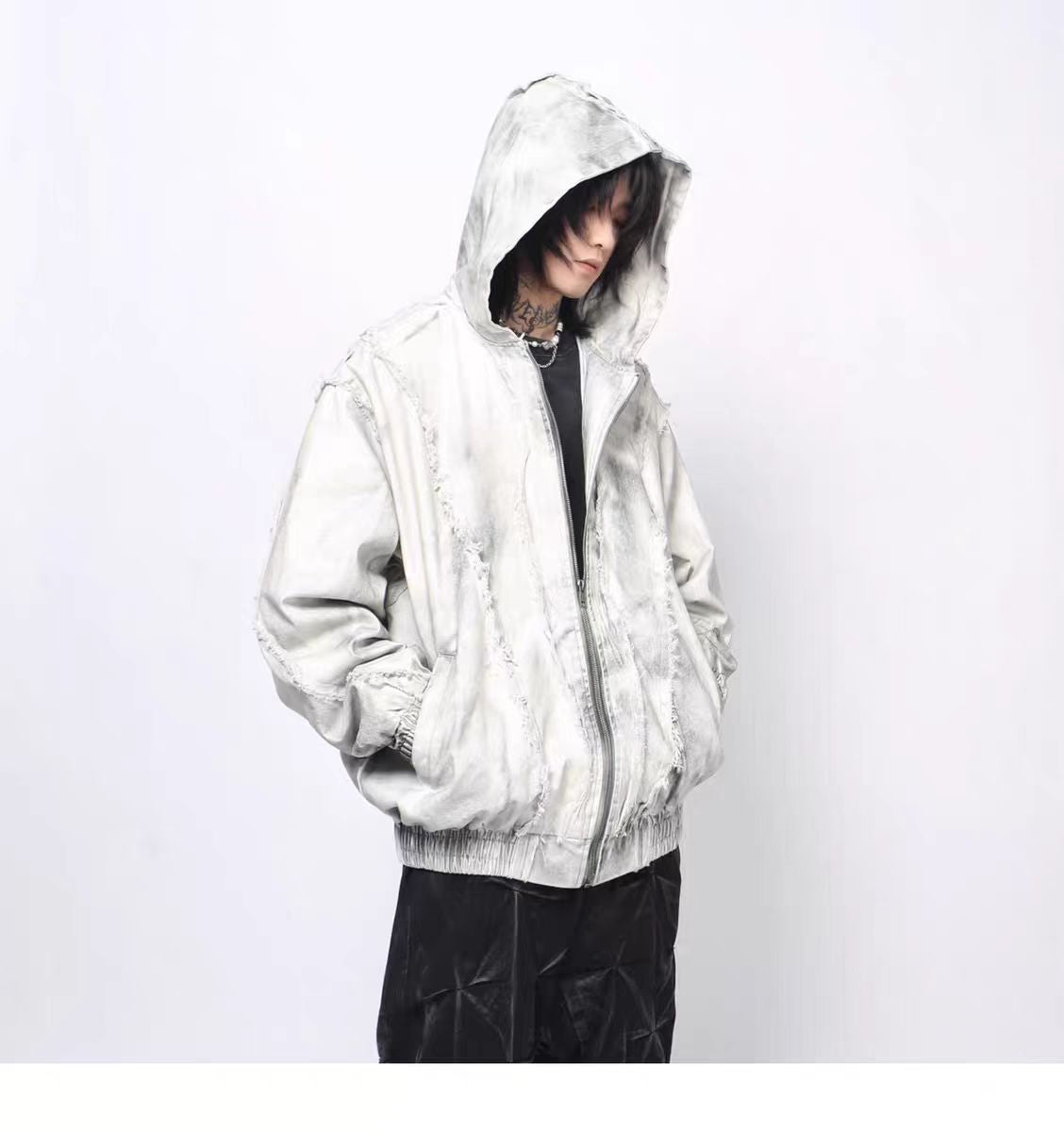 European and American High Street Wasteland Style Spray Paint Dirty Patchwork Hooded Jacket for Men Spring Frayed Edge Design Coat