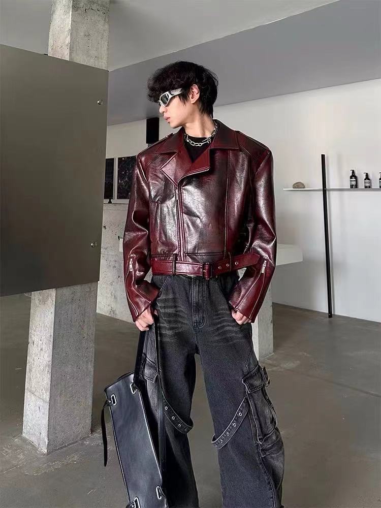 European and American Heavy Industry Angora Red High-End Feel pu Leather Motorcycle Jacket for Men and Women