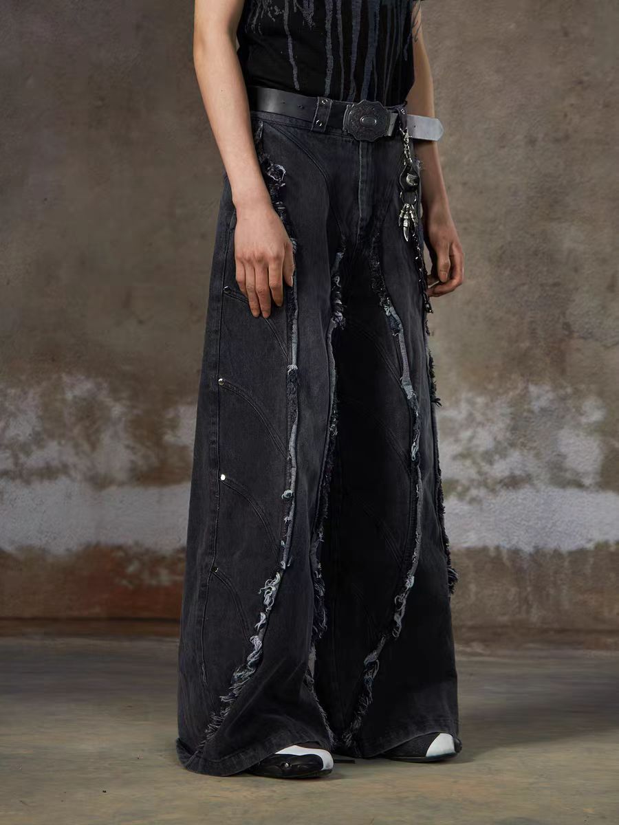 refuge  American Heavy Industry Niche Design Sense Silhouette Jeans High Street Washed Frayed Edge Tassel Rivet Loose Fit