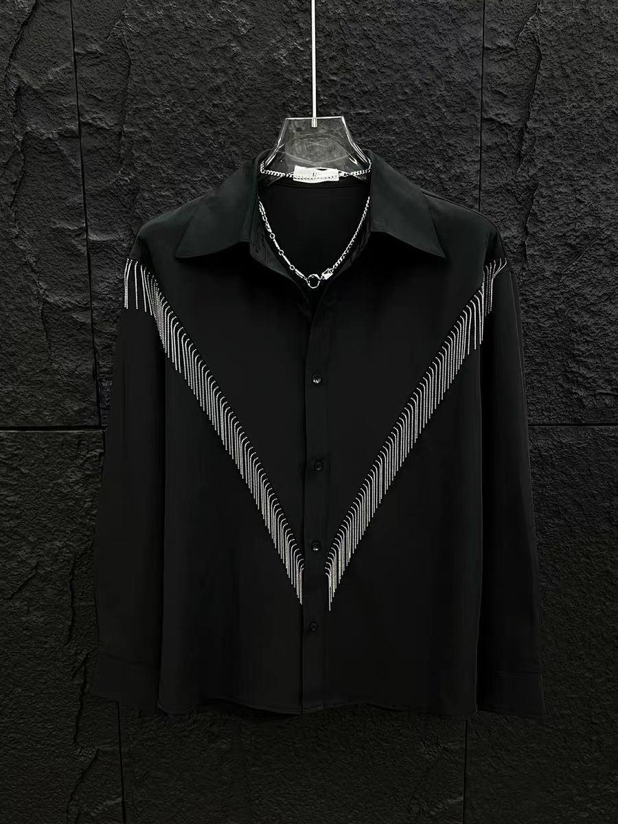 High-end Stylish Design Black Long Sleeve Shirt for Men Spring Summer New Korean Version Casual Patchwork Tassel Shirt