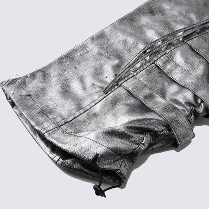 Personality Trend Retro silver Men's High Street Loose Metal Texture Straight Long Pants Workwear Durable Urban Fashion