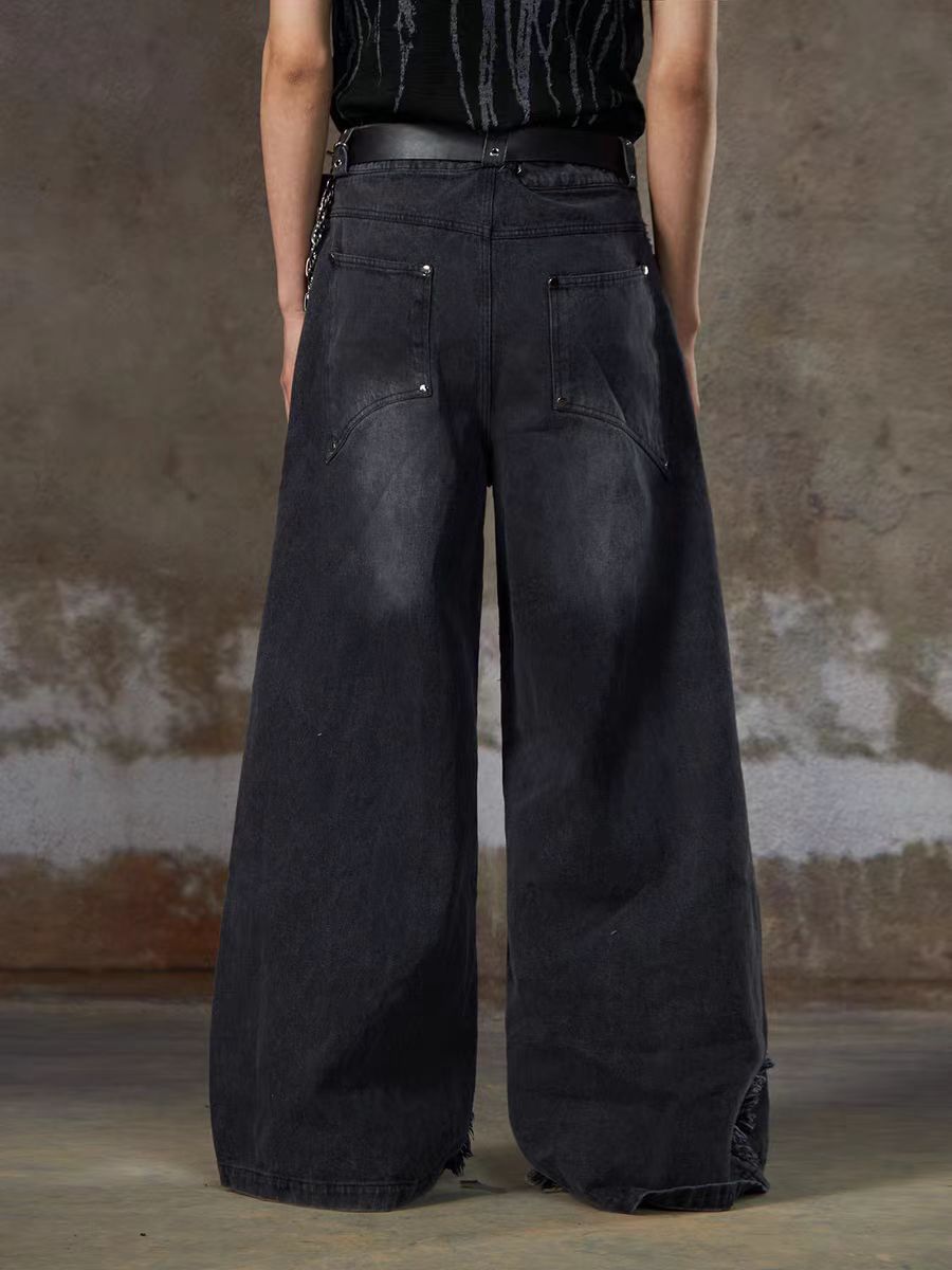refuge  American Heavy Industry Niche Design Sense Silhouette Jeans High Street Washed Frayed Edge Tassel Rivet Loose Fit