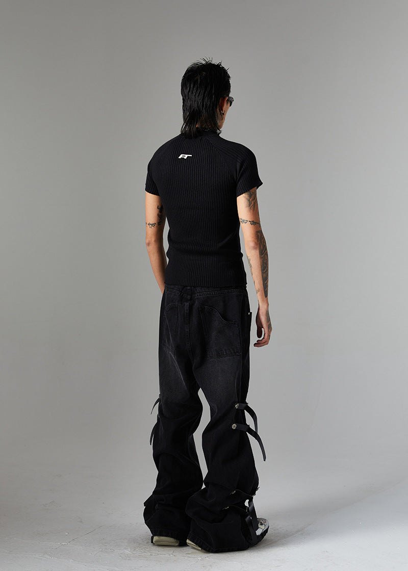 Trendy High Street Loose Retro Straight-Leg Drawstring Cargo Pants Men's Street Style Y2K Zipper Decorated Jeans