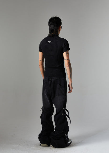 Trendy High Street Loose Retro Straight-Leg Drawstring Cargo Pants Men's Street Style Y2K Zipper Decorated Jeans