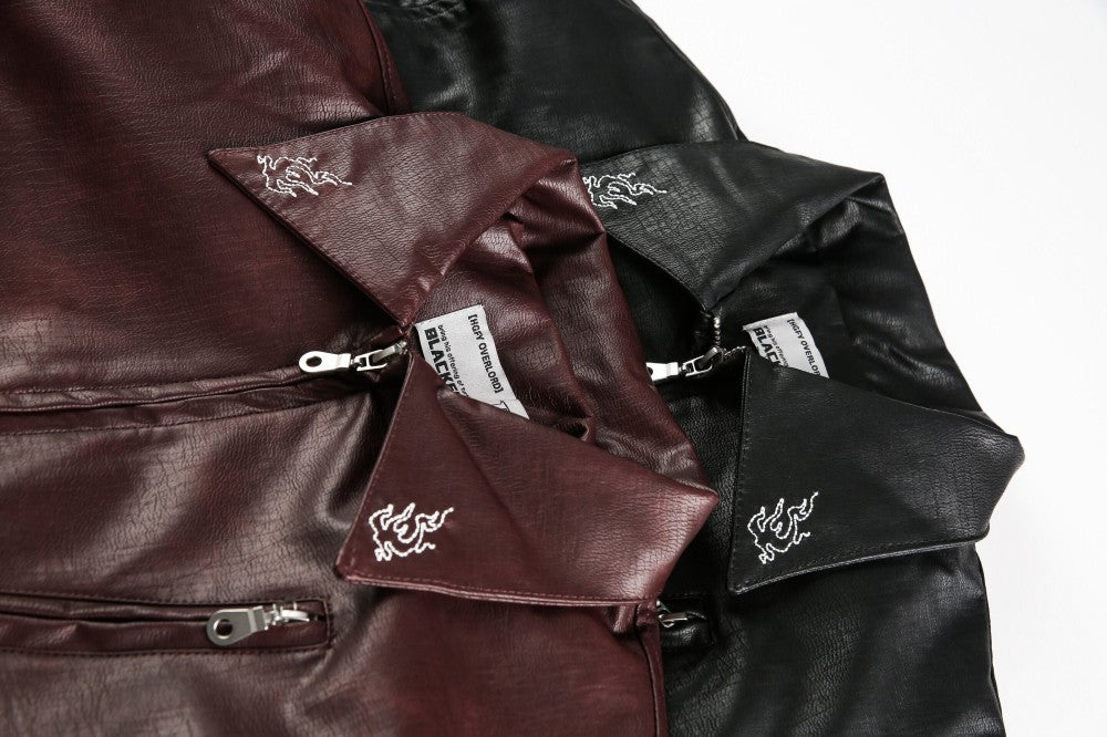 European and American Heavy Embroidery Lapel Loose Short Zipper Leather Jacket Coat