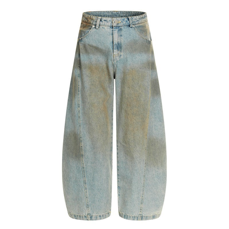 American Retro Dirty Dye Distressed Scimitar Jeans for Men, Mid-Waist Loose Fit Straight-Leg Floor-Length Wide-Leg Pants with Design Sense