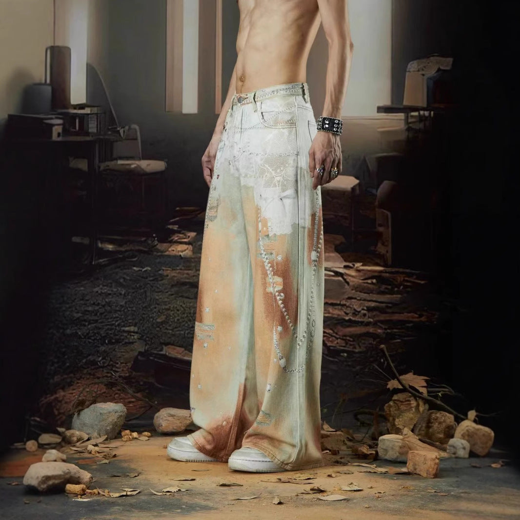 Cross-Border Heavy Industry Chain Print Jeans for Men and Women Summer American Style Straight-Leg Floor-Length Pants