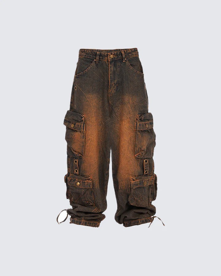 Street Style New Fashion Smoke Gray Patchwork Multi-Pocket Cargo Pants Street Washed Vintage Long Wide-Leg Pants