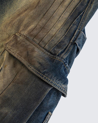 European and American Heavy Washed Multi-Pocket Jeans for Men Street Retro Loose Vintage Design Wide-Leg Floor-Length Pants