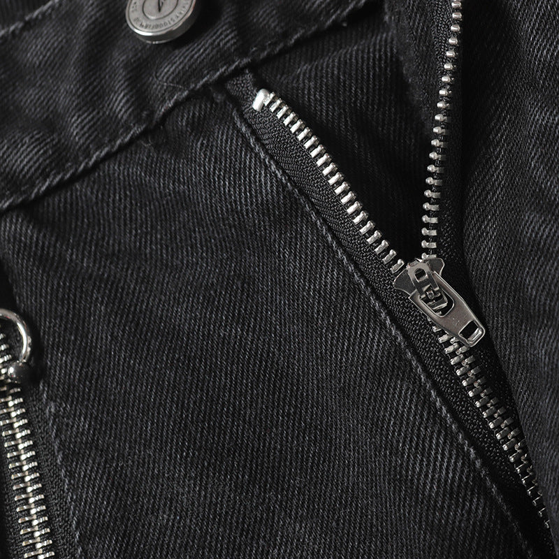 Trendy High Street Loose Retro Straight-Leg Drawstring Cargo Pants Men's Street Style Y2K Zipper Decorated Jeans