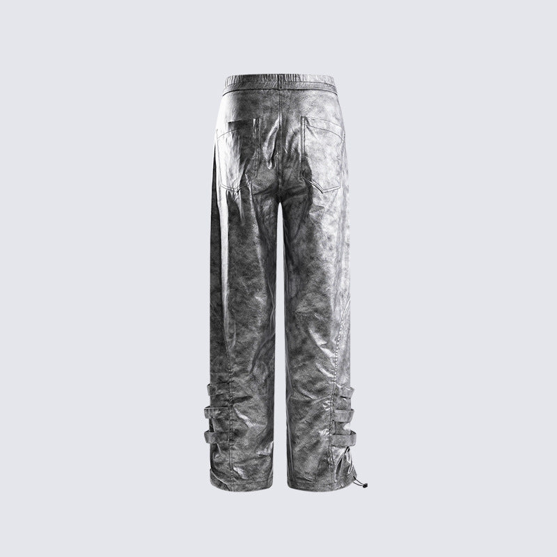 Personality Trend Retro silver Men's High Street Loose Metal Texture Straight Long Pants Workwear Durable Urban Fashion