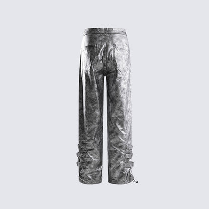 Personality Trend Retro silver Men's High Street Loose Metal Texture Straight Long Pants Workwear Durable Urban Fashion
