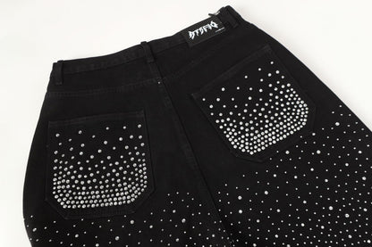 Fashion Versatile Trendy Long Pants Cross-Border Trade Washed American Retro Heavy-Duty Full Diamond Jeans for Men and Women