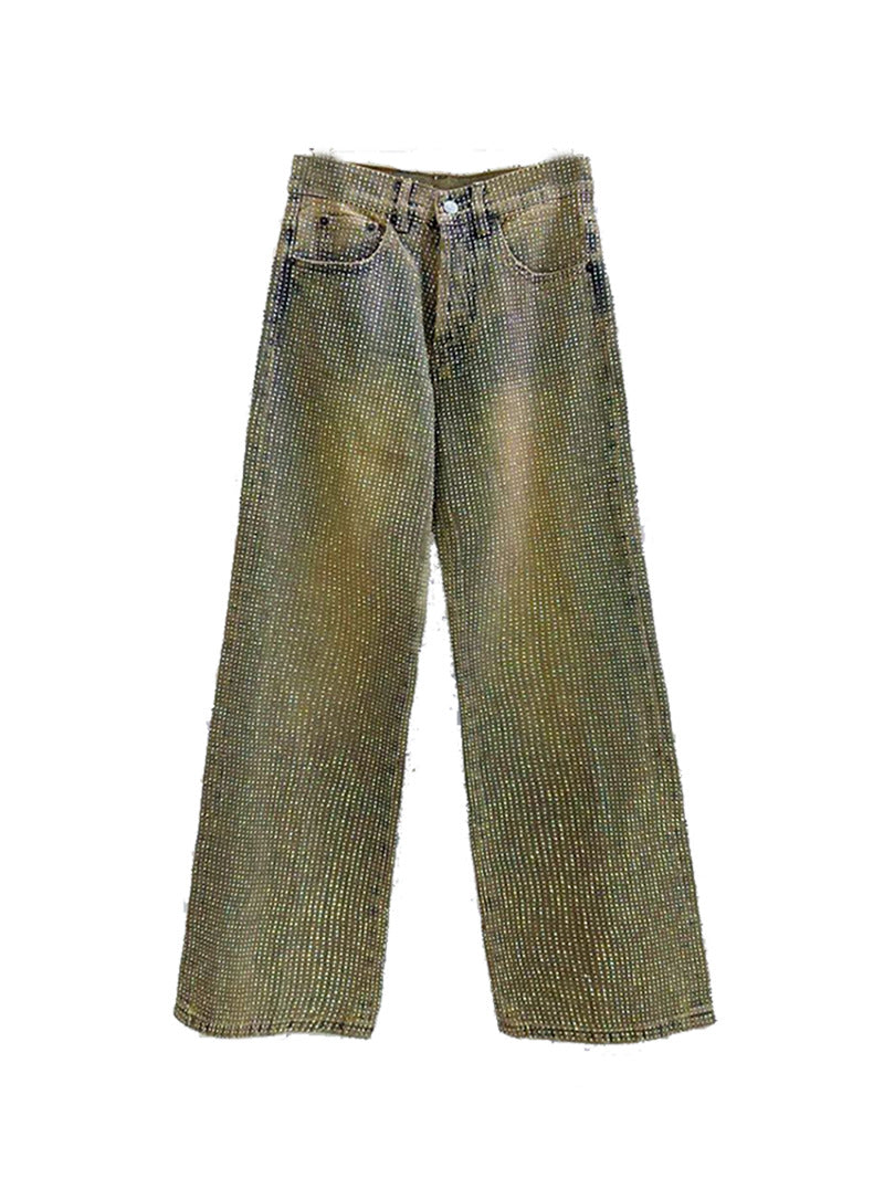 Summer New Crystal Shiny Diamond Straight-Leg Pants Extra Long Denim Floor-Length Pants Shiny Diamond Long Pants New High-Waisted Slimming Style