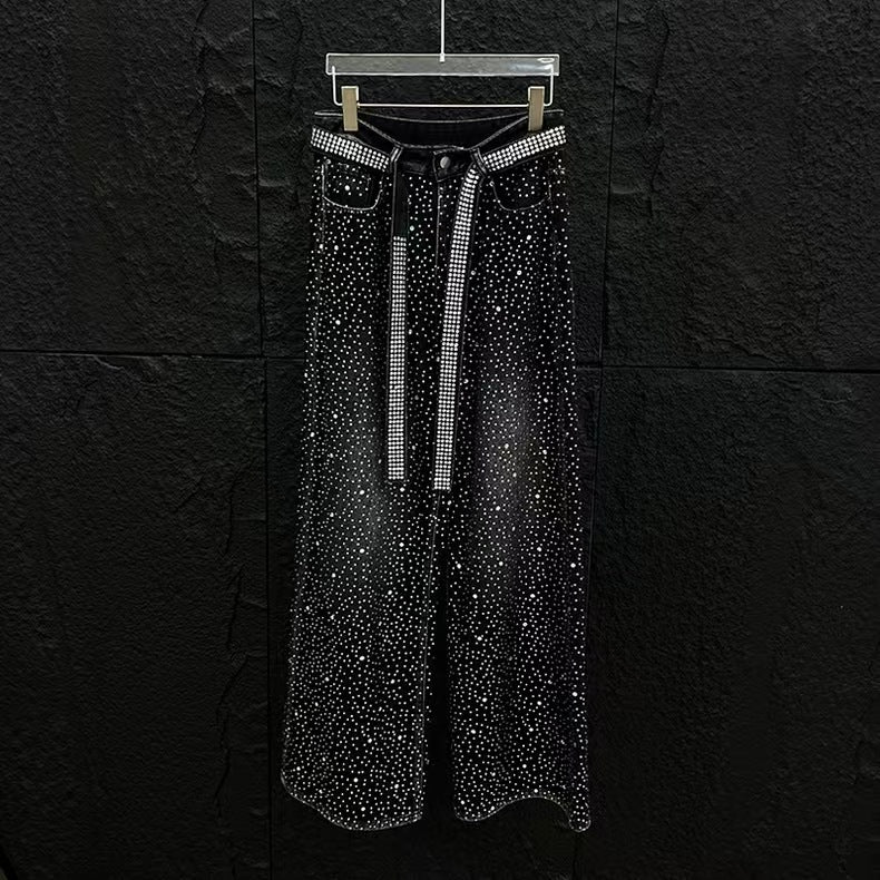 European and American Heavy Industry Starry Sky Rhinestone Vintage Washed Ribbon Jeans for Men, Niche Loose Wide-Leg Trendy Men's Pants